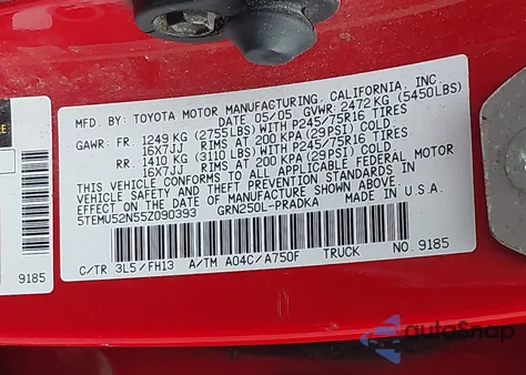 2005 Toyota Tacoma Base V6 z USA, uszkodzony, nr VIN 5TEMU52N55Z090393